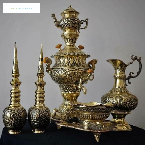 خرید، قیمت و مشخصات سرویس سماور و تنگ‌ شاخ دار، قلمزنی اعلاء گل و مرغ، روکش کوره ای و رنگ ثابت | هنرظریف