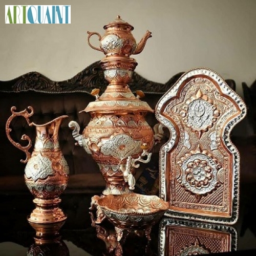 خرید، قیمت و مشخصات سماور ریز قلم‌ 5 لیتری برنجی با روکش نقره و مس کوره ای و رنگ ثابت | هنرظریف