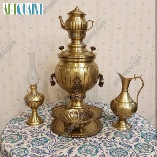 خرید، قیمت و مشخصات سرویس سماور 6 لیتری دسته گوشواره زغالی برنجی، زیر قیمت بازار | هنرظریف