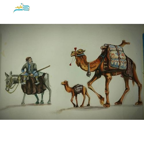 خرید، قیمت و مشخصات نقاشی آبرنگ کاروان شتر، دارای قاب پلیمری مشکی، با کیفیت بسیار بالا | هنرظریف