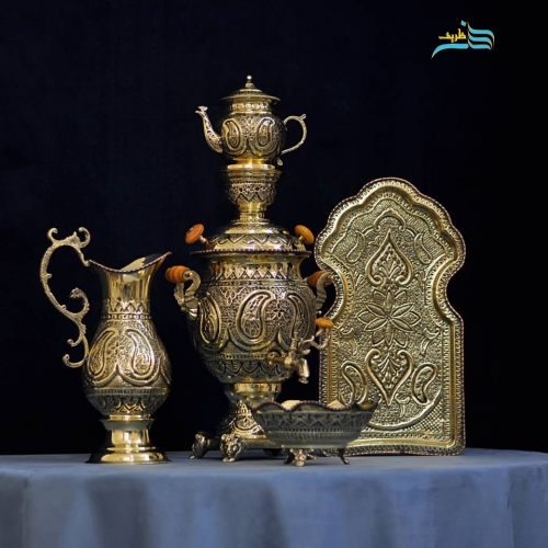 خرید سرویس سماور ۴ لیتری برنجی قلمزنی سیاه‌قلم | قلم دست اعلاء ساخت اصفهان | هنرظریف