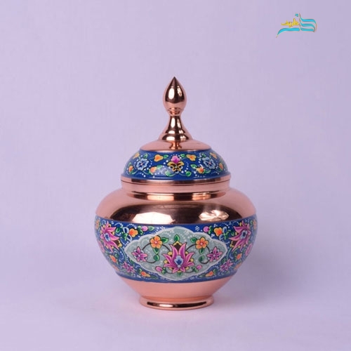 خرید، قیمت و مشخصات قندان سیبی بزرگ مس و پرداز با روکش پلی استر و ورق ضخیم مس | هنرظریف