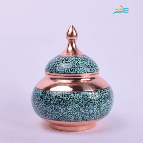 خرید، قیمت و مشخصات قندا مسی فیروزه کوبی با تلفیق هنر فیروزه کوبی و مس، مناسب برای دکور و پذیرایی | هنرظریف