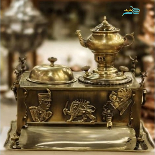 خرید منقل سماوری برنجی آنتیک با سینی و قوری ورق ضخیم | هنرظریف