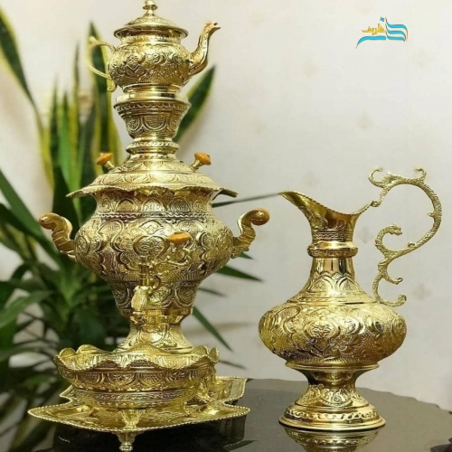 خرید سرویس سماور زغالی برنجی ۳.۵ لیتری دست ساز شبه طلا با گارانتی | هنرظریف