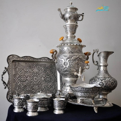 خرید سرویس سماور ۳.۵ لیتری قلم‌دست استاد نقیان آبکاری نقره | هنرظریف