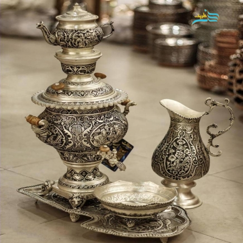 خرید سماور دکوری برنجی سیاه قلم پتینه نقره کوره ای ۶۳ سانتی | هنرظریف