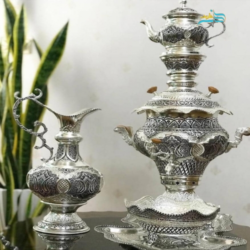 خرید سرویس سماور ۵ لیتری برنجی قلمزنی آبکاری نقره کوره ای | هنرظریف