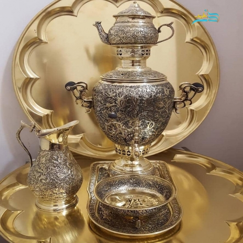 خرید سرویس سماور زغالی برنجی آناناسی دسته توری قلم ملکوتی | هنرظریف