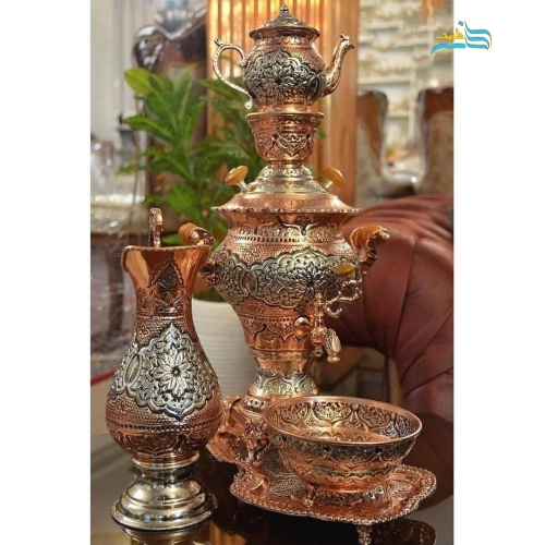 خرید سرویس سماور برنجی دکوری آبکاری مس و نقره سیاه قلم | هنرظریف