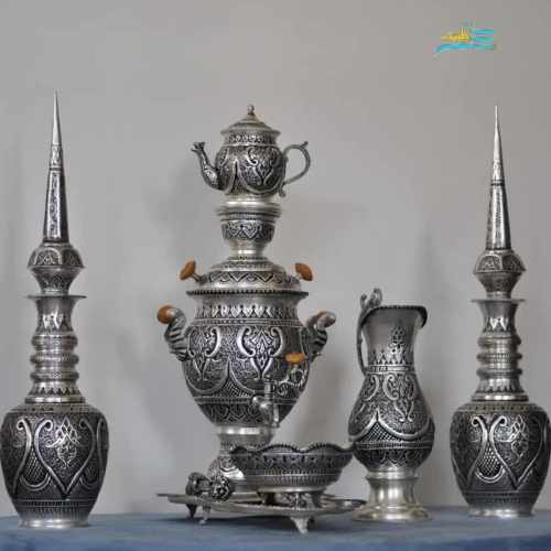 خرید سرویس سماور و تنگ شاخدار برنجی قلمزنی اسلیمی روکش نقره | هنرظریف