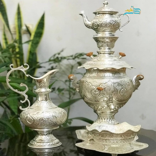 خرید سرویس سماور برنجی ۴ لیتری آبکاری نقره قلمزنی کریستالی | هنرظریف