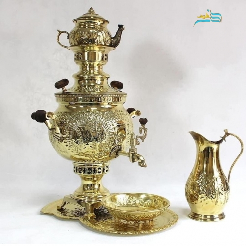خرید سرویس سماور زغالی ۶ لیتری برنجی قلم‌دست اعلاء رنگ ثابت | هنرظریف