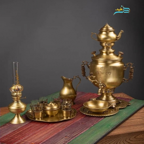 خرید سرویس سماور زغالی ۶ لیتری برنجی ورق ضخیم با چایخوری | هنرظریف