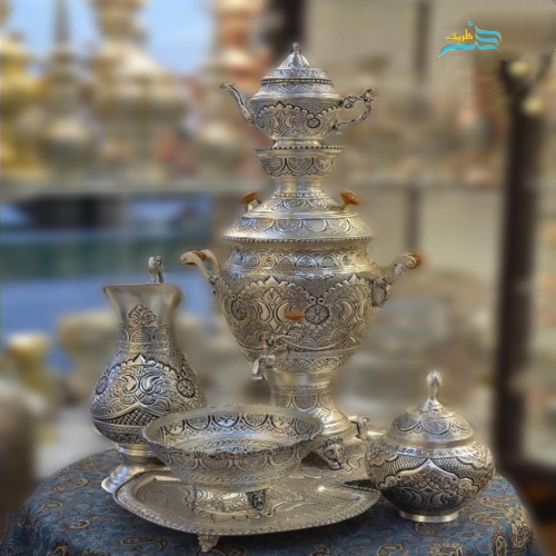خرید سرویس سماور برنجی دکوری قلمزنی آبکاری نقره کوره ای | هنرظریف