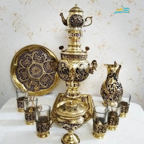 خرید سرویس سماور زغالی ۳ لیتری توپی دسته توری طرح گل و مرغ | هنرظریف