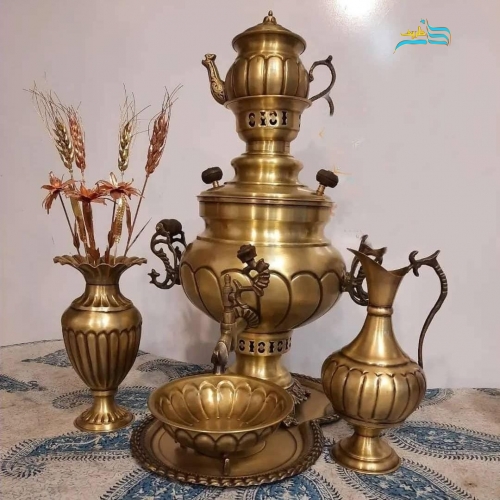 خرید سرویس پنج تکه سماور عدسی مدل نگین ۶ لیتری برنجی | هنرظریف