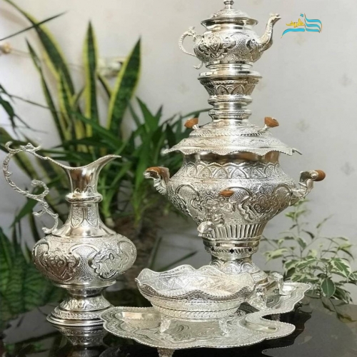خرید سرویس سماور زغالی برنجی ۵ لیتری آبکاری نقره قلم دست | هنرظریف