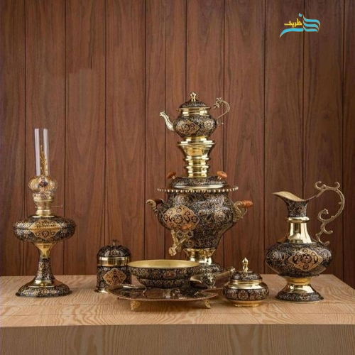 خرید سرویس سماور زغالی اعیانی ۶ لیتری برنجی نقاشی دست ورق ضخیم | هنرظریف