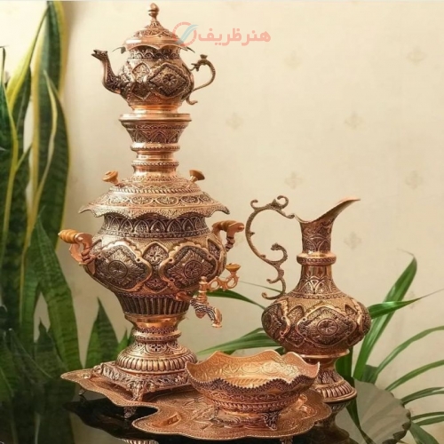 خرید سرویس سماور زغالی مسی ۸ لیتری قلمزنی سنگین وزن ۷۴ سانتی | هنرظریف