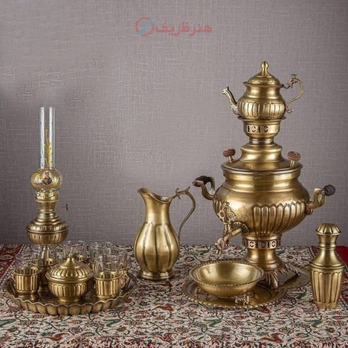 خرید سماور برنجی ۶ لیتری ۵ تکه مدل آینه عدسی با چایخوری | هنرظریف