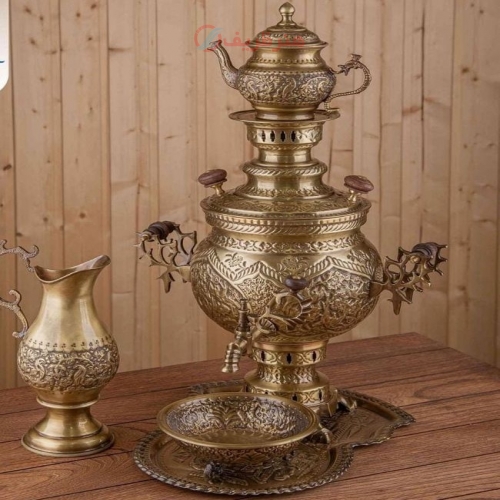 خرید سرویس سماور زغالی برنجی ۶ لیتری قلمزنی گل و مرغ روکش نانو | هنرظریف