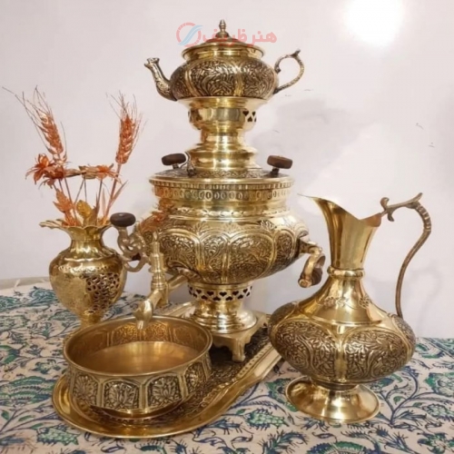 خرید سرویس سماور زغالی برنجی ۶ لیتری قلمزنی گل و مرغ و اسلیمی | هنرظریف