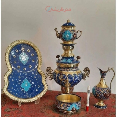 خرید سرویس سماور ۳ لیتری برنجی نقاشی دست مدل عدسی دسته توری | هنرظریف