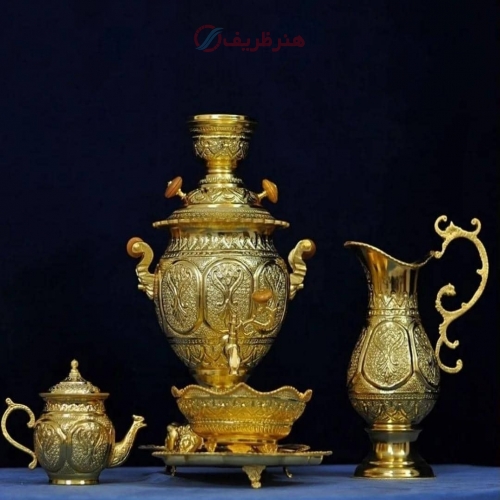 خرید سماور برنجی ۴ لیتری قلمزنی اسلیمی شبه طلا استاد رحمتی | هنرظریف