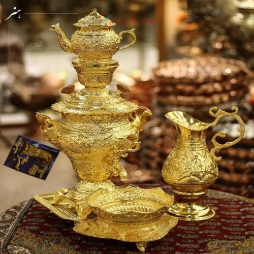 خرید سرویس سماور برنجی ۳ لیتری قلمزنی آبکاری شبه طلا دست‌ساز | هنرظریف