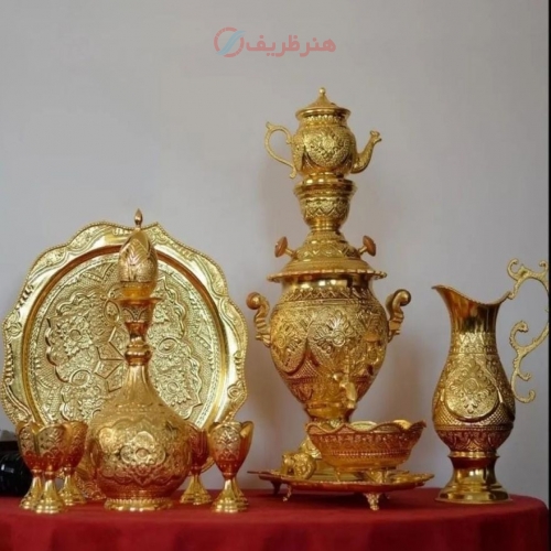 خرید سرویس سماور و شراب‌خوری برنجی ۵ لیتری اسلیمی شبه طلا | هنرظریف