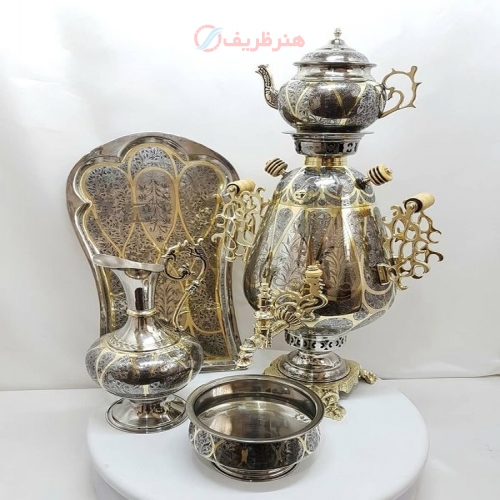 خرید و قیمت سماور برنجی زغالی 6 لیتری مدل جام قلمزنی با سبک رنگ کاری تلفیقی - هنرظریف
