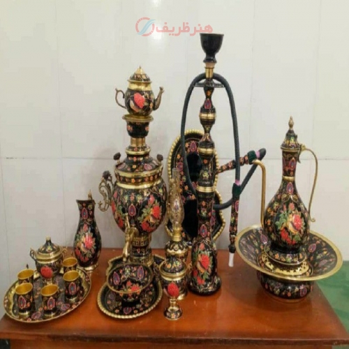 قیمت سرویس کامل 5 تکه سماور برنجی، آفتابه لگن، قلیان و چایخوری میناکاری برنجی - هنرظریف