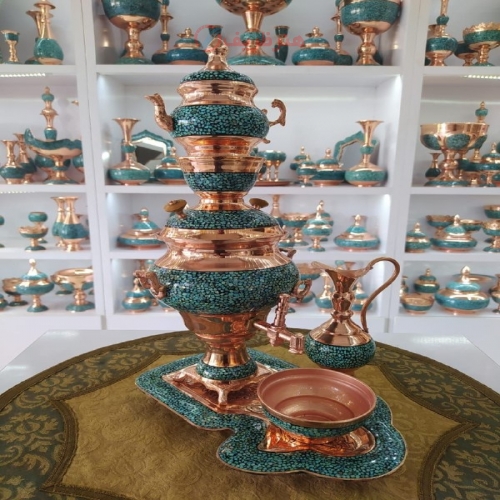 سماور مسی فیروزه کوبی - قیمت و خرید سرویس سماور مسی فیروزه کوبی اصل نیشابور دست ساز زیر قیمت بازار - هنرظریف