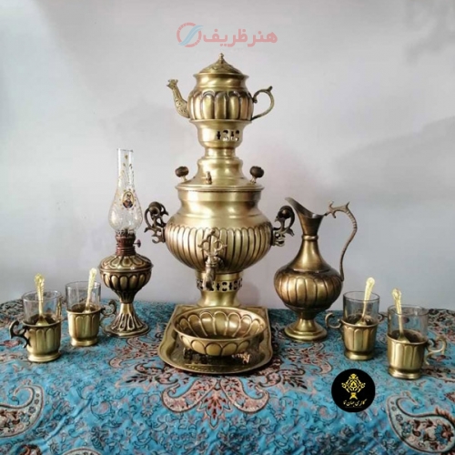 خرید، قیمت و مشخصات سماور زغالی برنجی آنتیک نانو ست 14 تکه | هنرظریف