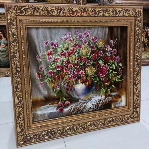 خرید، قیمت و مشخصات تابلو فرش دستبافت تبریز با طرح گل عرضی، دارای رج 50 و چله ابریشم، بسیار با کیفیت و زیبا | هنرظریف