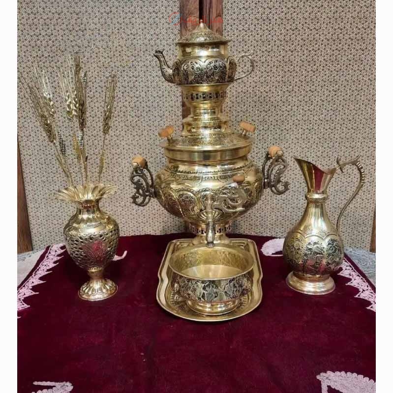 خرید، قیمت و مشخصات سماور زغالی برنجی 6 لیتری مدل نگین، قلم زنی دست به قیمت تولیدی | هنرظریف