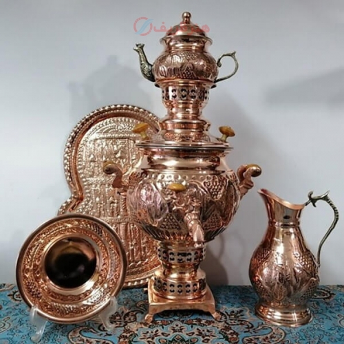 خرید، قیمت و مشخصات سرویس سماور زغالی مسی 5 پارچه ظرفیت ۴ لیتر زیر قیمت بازار ، کیفیت عالی - هنرظریف