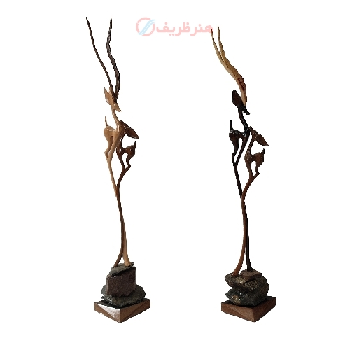 خرید، قیمت و مشخصات مجسمه چوبی آهوی جفت، تک پایه و  دست ساز بدنه ظریف کاری شده با طراحی شیک قیمت و کیفیت عالی  - هنرظریف
