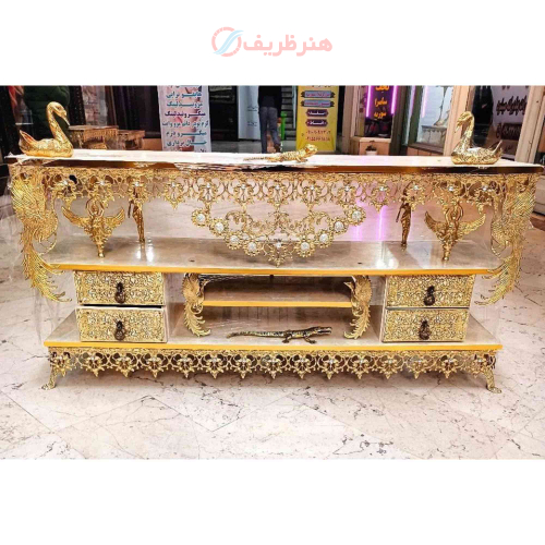 خرید، قیمت و مشخصات میز تلویزیون برنزی مدل آفتابگردان 4 کشو 4 طاووس ارزان و باکیفیت _ هنرظریف