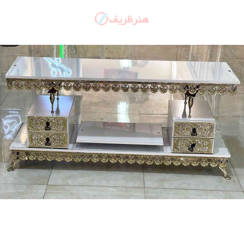 خرید، قیمت و مشخصات  یز تلویزیون برنزی رویه ی سفید طول 120، دو طبقه دارای  چهار کشو ارزان و باکیفیت _ هنرظریف