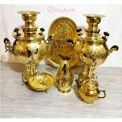 خرید، قیمت و مشخصات سرویس سماور ذغالی 6 لیتری طلایی، در دو مدل دسته شاخ و توری، زیر قیمت بازار _ هنرظریف