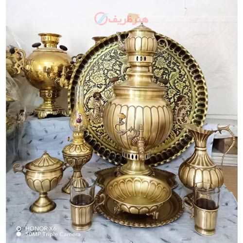 خرید، قیمت و مشخصات سرویس 9 پارچه سماور ذغالی برنجی 6 لیتری توپی، سنگین وزن طرح آینه با ضمانت _ هنرظریف