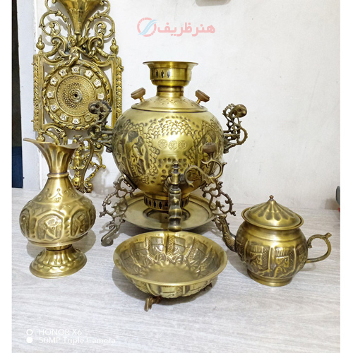خرید، قیمت و مشخصات سرویس کامل سماور ذغالی برنجی، 3 پایه، 6 لیتری، ورق ضخیم با کیفیت عالی _ هنرظریف