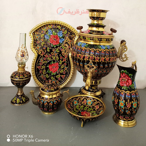 خرید، قیمت و مشخصات سرویس 6 پارچه سماور ذغالی برنجی میناکاری 6 لیتری توپی، دسته ماری با گارانتی _ هنرظریف