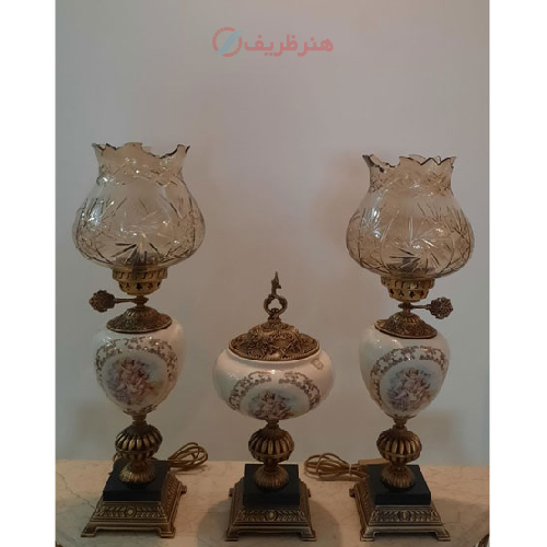 خرید، قیمت و مشخصات ست چراغ سرامیکی و آجیل خوری تمام برنجی آنتیک، ارزان و با کیفیت _  هنرظریف