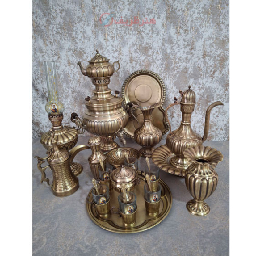 خرید، قیمت و مشخصات سرویس سماور زغالی برنجی شش لیتری مدل عدسی خطی ، ارزان و با کیفیت _ هنرظریف