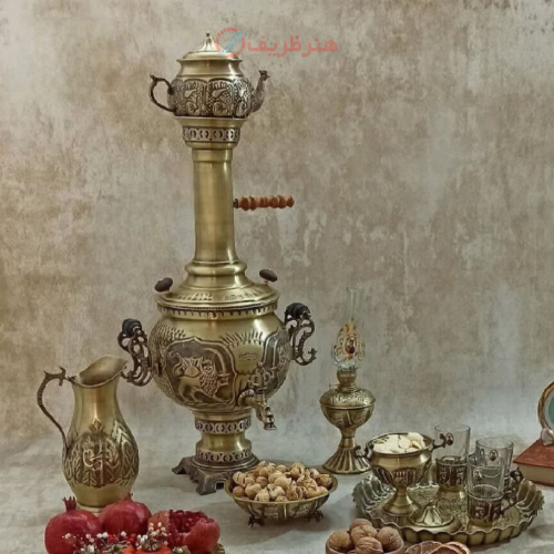 خرید، قیمت و مشخصات سرویس سماور زغالی برنجی شش لیتری؛ با کیفیت بالا _ هنرظریف