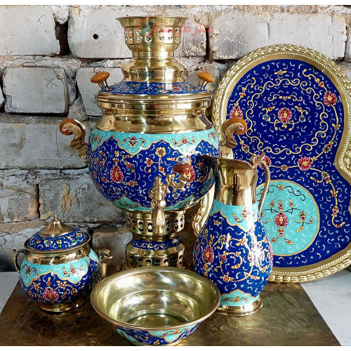 سماور برنجی پرداز گل و بوته ۴ لیتری با قوری | هنرظریف