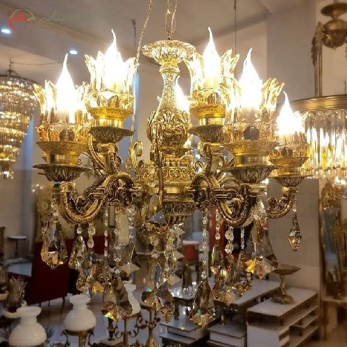 خرید آنلاین، لوستر آلیاژ طلایی رنگ دارای 5 شاخه ی دوبل و سر شاخه های کریستالی، دارای ضمانت، زیر قیمت بازار | هنرظریف